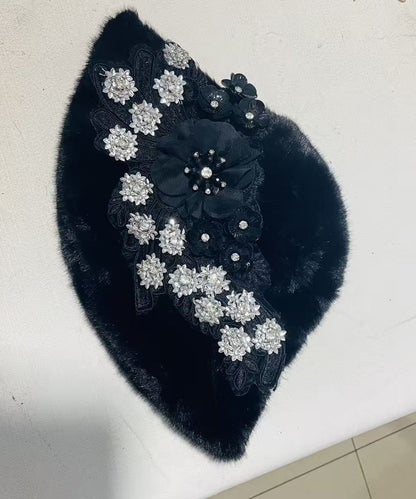 Boutique Black Floral Zircon Mink Hair Bucket Hat