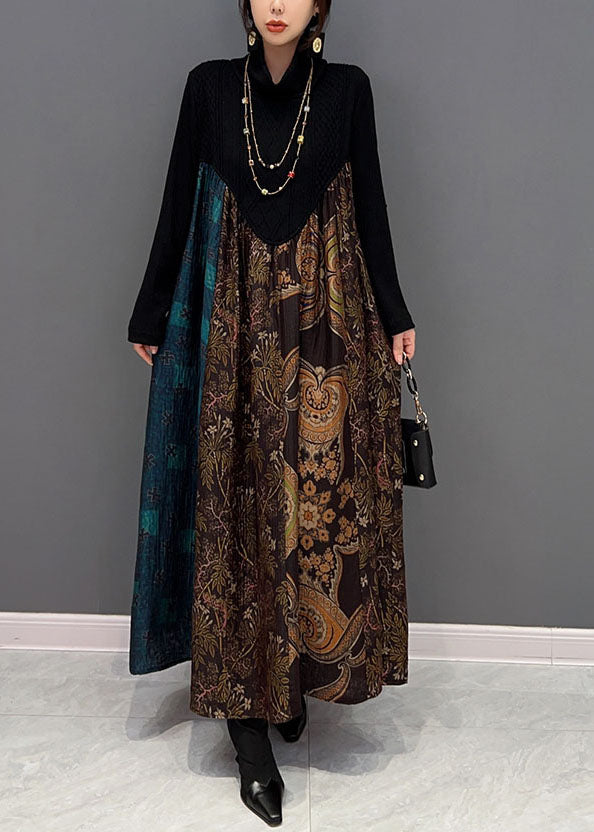 Boutique Schwarz High Neck Patchwork Extra Große Saum Baumwolle Robe Kleider Frühling