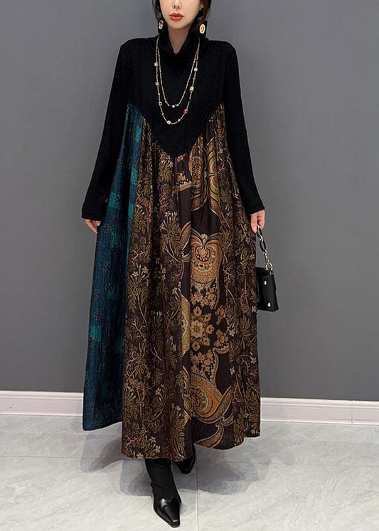 Boutique Schwarz High Neck Patchwork Extra Große Saum Baumwolle Robe Kleider Frühling