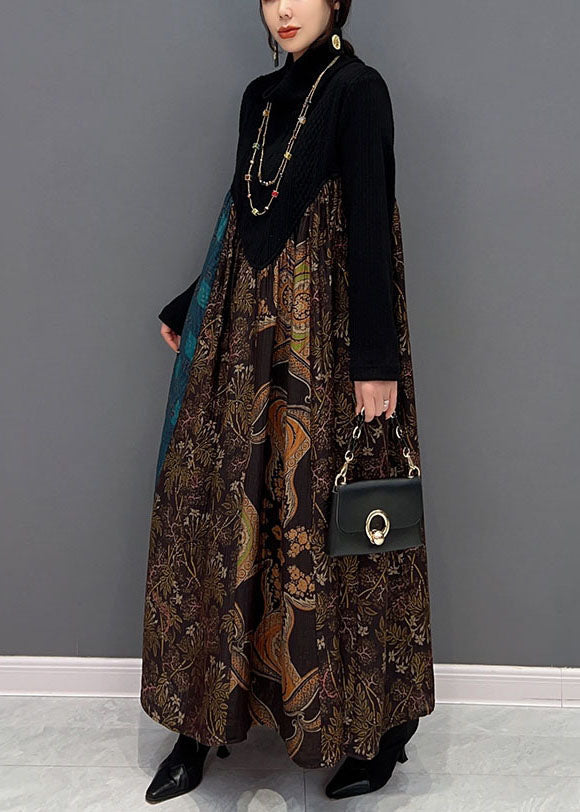 Boutique Schwarz High Neck Patchwork Extra Große Saum Baumwolle Robe Kleider Frühling