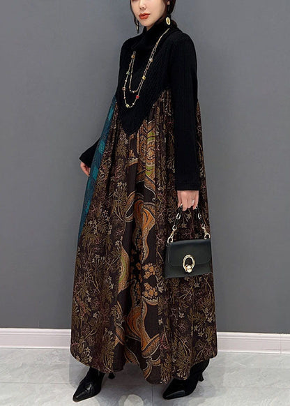 Boutique Schwarz High Neck Patchwork Extra Große Saum Baumwolle Robe Kleider Frühling