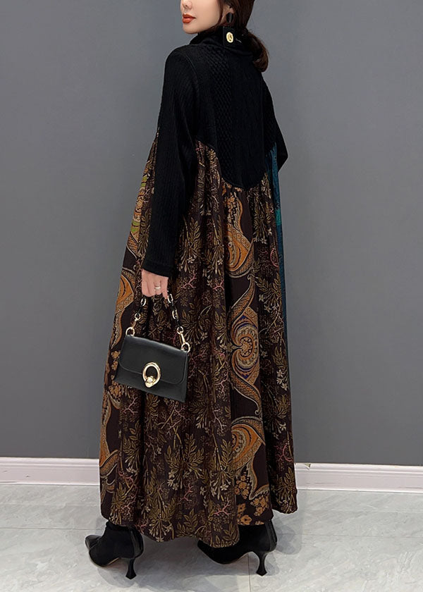 Boutique Schwarz High Neck Patchwork Extra Große Saum Baumwolle Robe Kleider Frühling