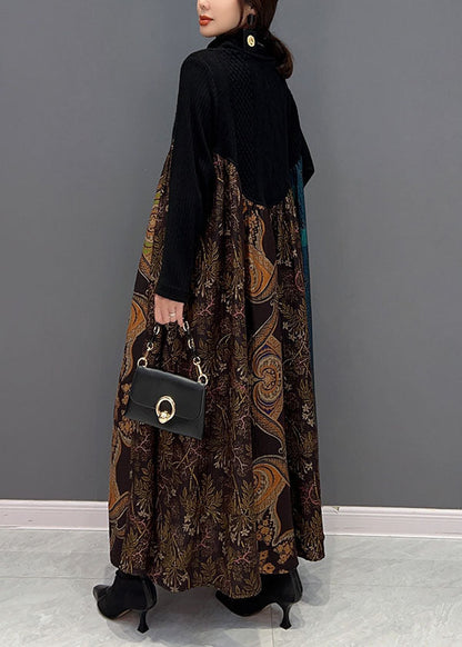 Boutique Schwarz High Neck Patchwork Extra Große Saum Baumwolle Robe Kleider Frühling