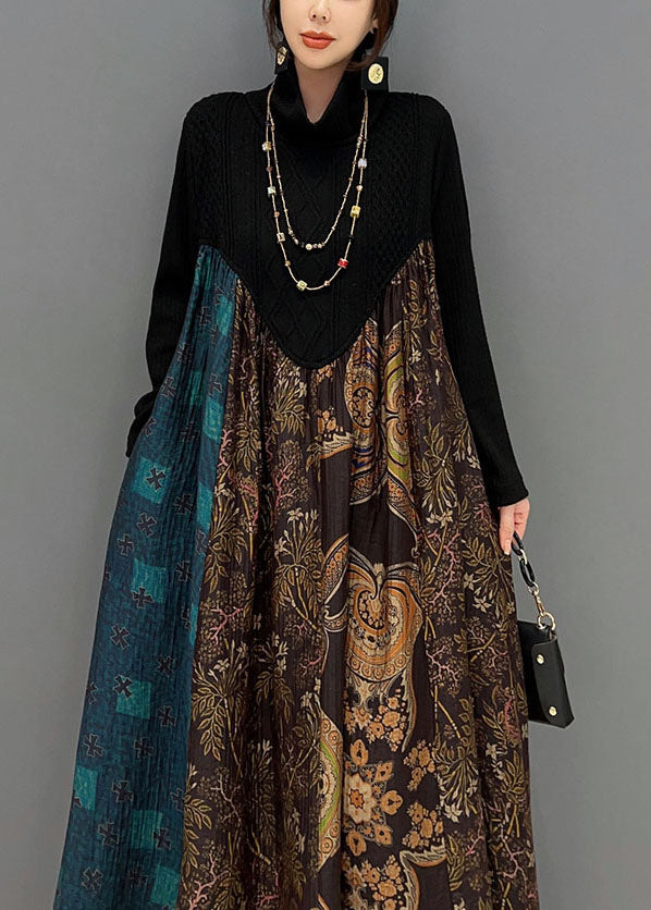 Boutique Schwarz High Neck Patchwork Extra Große Saum Baumwolle Robe Kleider Frühling