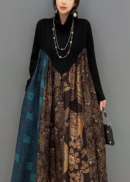 Boutique Schwarz High Neck Patchwork Extra Große Saum Baumwolle Robe Kleider Frühling