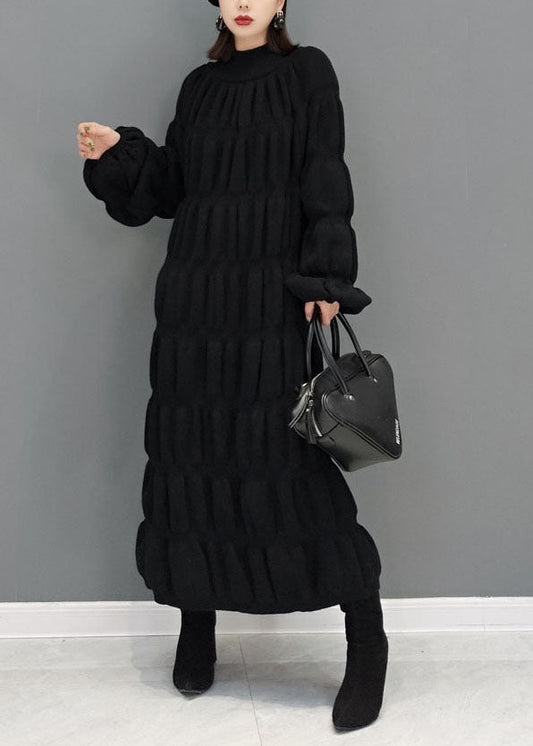 Boutique Schwarz High Neck Dick Plissee Strick Pullover Kleid Winter