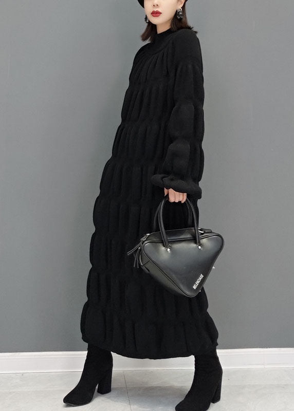 Boutique Schwarz High Neck Dick Plissee Strick Pullover Kleid Winter