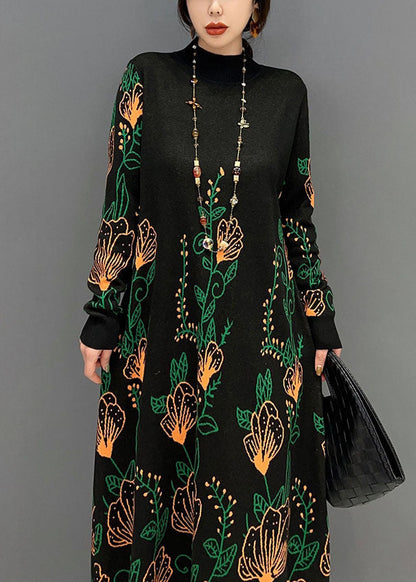 Boutique Schwarze Strickkleider mit hohem Halsausschnitt und Print für den Winter