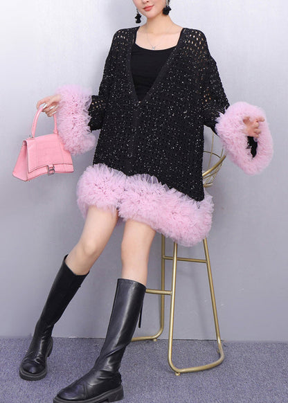 Cárdigan de punto de tul con patchwork calado negro de boutique para primavera