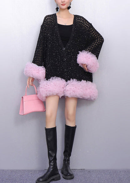 Cárdigan de punto de tul con patchwork calado negro de boutique para primavera