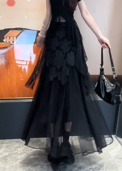 Boutique Black Lace Floral Patchwork Tulle Skirts Summer