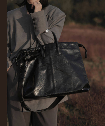 Boutique Black Large Capacity Calf Leather Tote Handbag