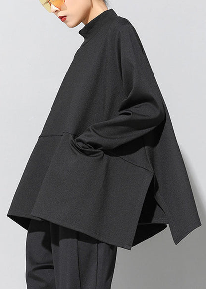 Boutique Black Loose Pockets side open Fall Long sleeve Top