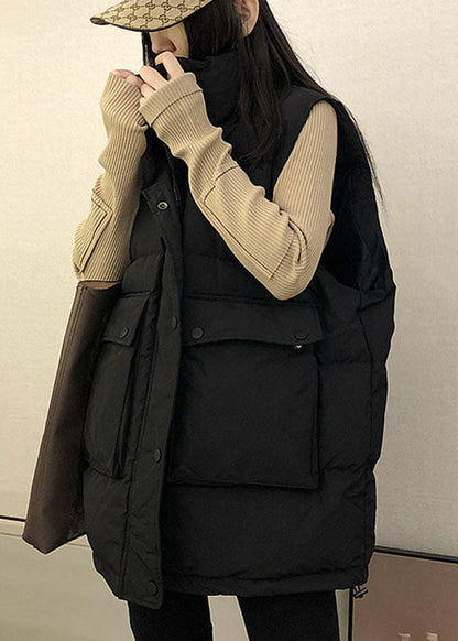 Boutique Schwarze, lockere Winter-Daunenweste mit Stehkragen und Taschen