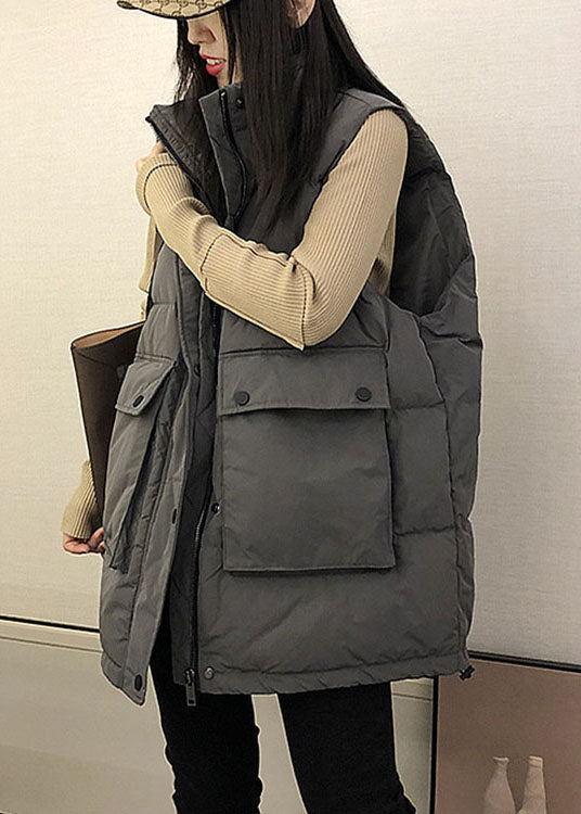 Boutique Schwarze, lockere Winter-Daunenweste mit Stehkragen und Taschen