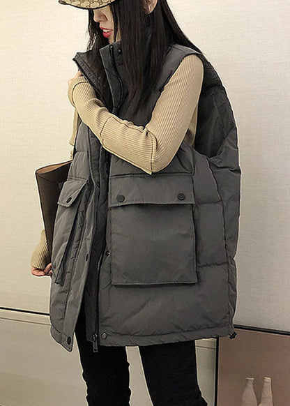 Boutique Schwarze, lockere Winter-Daunenweste mit Stehkragen und Taschen