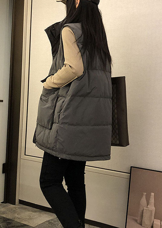 Boutique Schwarze, lockere Winter-Daunenweste mit Stehkragen und Taschen