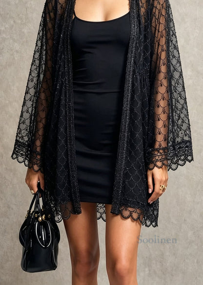 Boutique Black Nail Bead Loose Lace Cardigans Fall