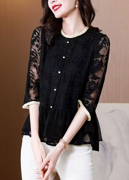Boutique Black O-Neck Embroidered Silk Shirt Top Summer