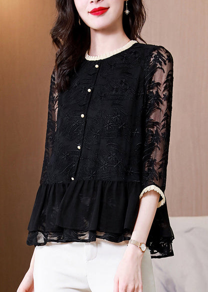 Boutique Black O-Neck Embroidered Silk Shirt Top Summer