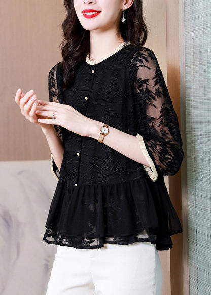 Boutique Black O-Neck Embroidered Silk Shirt Top Summer