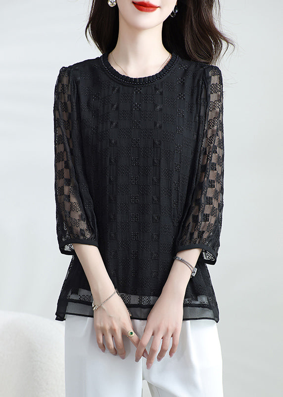 Boutique Black O Neck Embroidered Silk T Shirt Top Bracelet Sleeve