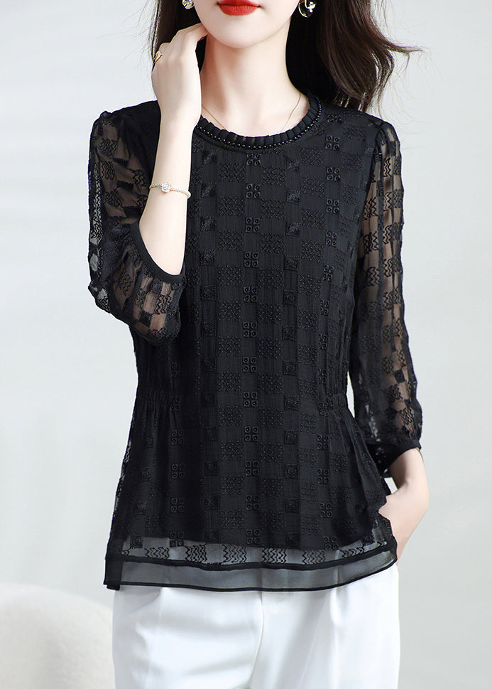 Boutique Black O Neck Embroidered Silk T Shirt Top Bracelet Sleeve