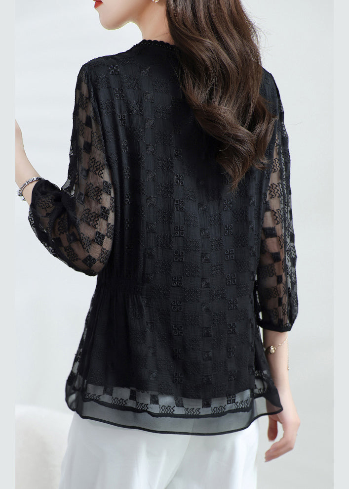 Boutique Black O Neck Embroidered Silk T Shirt Top Bracelet Sleeve