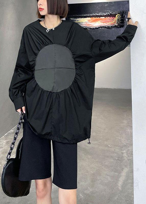 Boutique Black O-Neck Patchwork Button Fall Long Sleeve Blouse Top - SooLinen