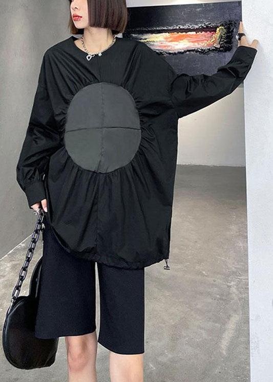 Boutique Black O-Neck Patchwork Button Fall Long Sleeve Blouse Top - SooLinen