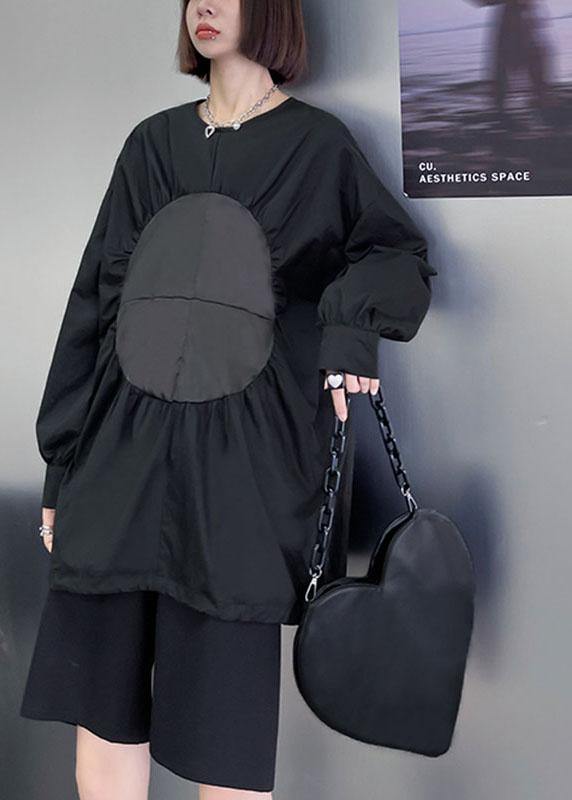 Boutique Black O-Neck Patchwork Button Fall Long Sleeve Blouse Top - SooLinen