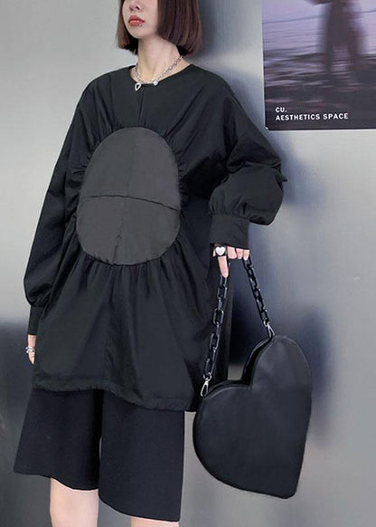 Boutique Black O-Neck Patchwork Button Fall Long Sleeve Blouse Top - SooLinen