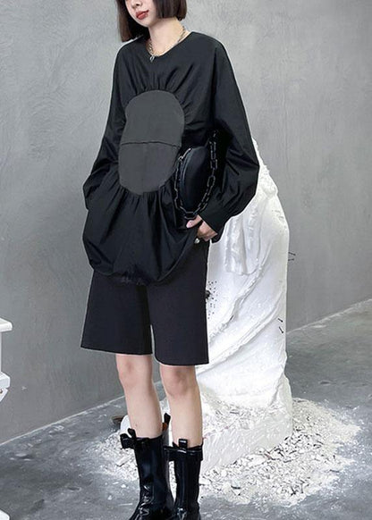 Boutique Black O-Neck Patchwork Button Fall Long Sleeve Blouse Top - SooLinen