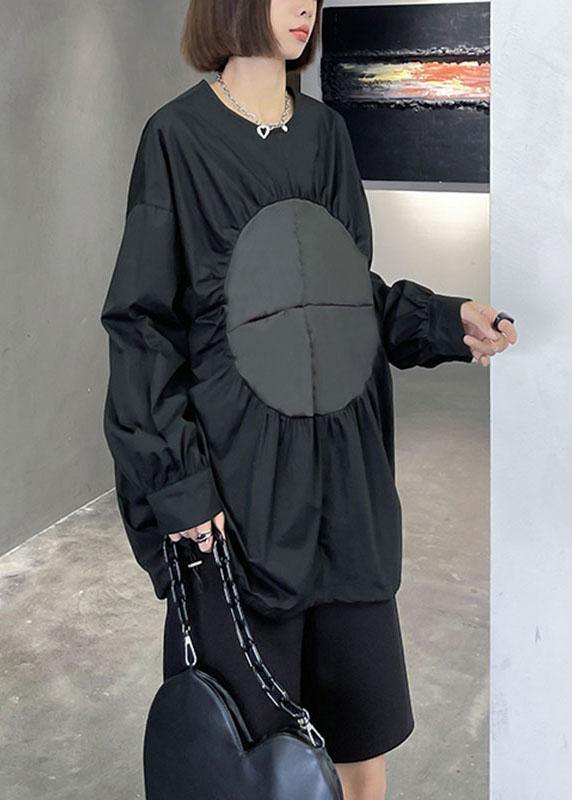 Boutique Black O-Neck Patchwork Button Fall Long Sleeve Blouse Top - SooLinen