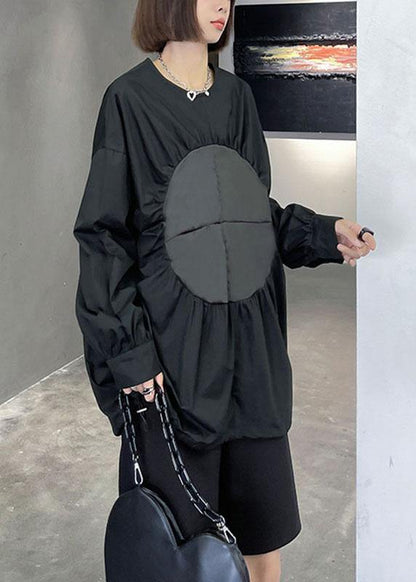 Boutique Black O-Neck Patchwork Button Fall Long Sleeve Blouse Top - SooLinen