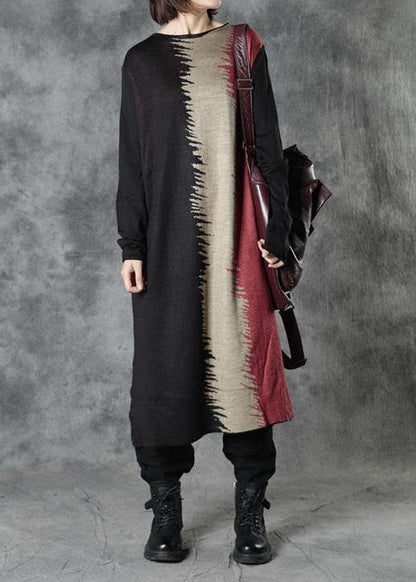 Boutique Black O-Neck Patchwork Fall Knitwear Dress - SooLinen
