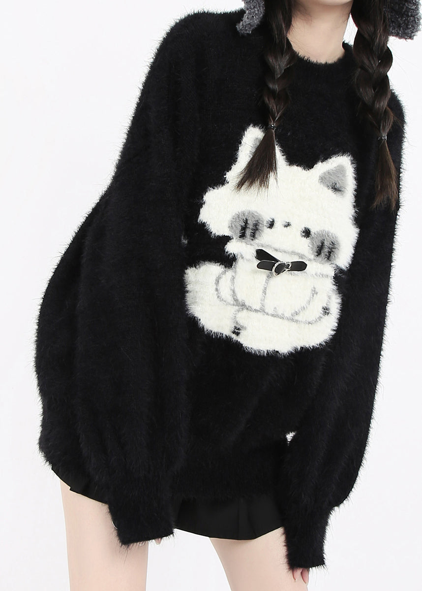 Boutique Black Oversized Cute Cat Faux Mink Hair Knit Short Sweater Winter