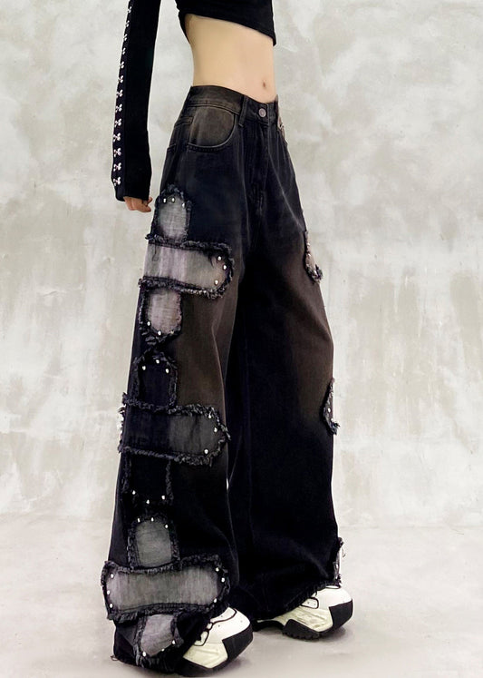Schwarze Oversize-Jeans mit Patchwork-Nieten, gerade geschnitten, ideal für den Frühling