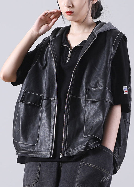 Boutique Schwarz Patchwork Kapuzen Reißverschluss Herbst Taschen Bluse Tops PU Weste