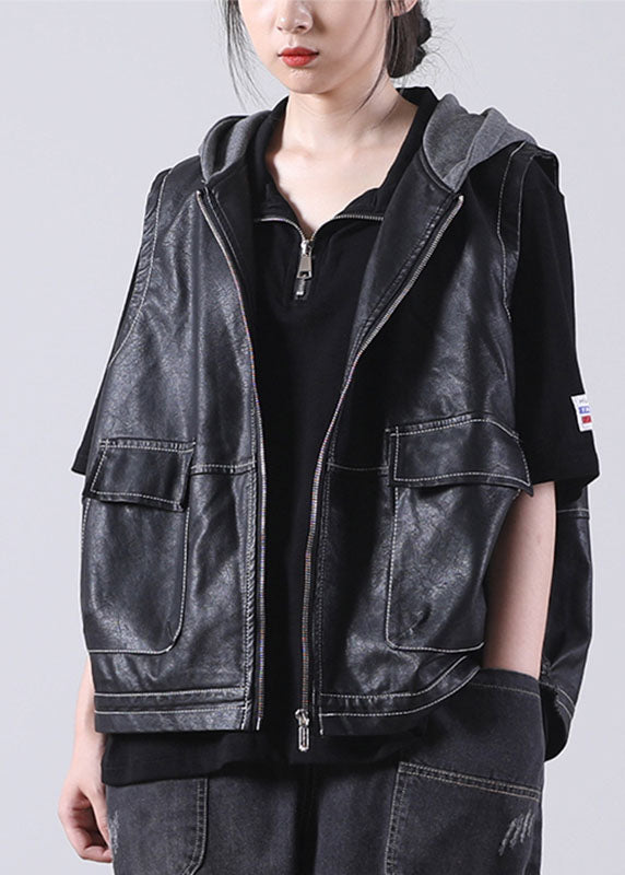 Boutique Schwarz Patchwork Kapuzen Reißverschluss Herbst Taschen Bluse Tops PU Weste