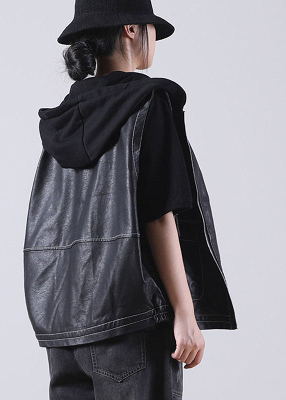 Boutique Schwarz Patchwork Kapuzen Reißverschluss Herbst Taschen Bluse Tops PU Weste