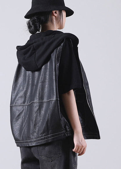 Boutique Schwarz Patchwork Kapuzen Reißverschluss Herbst Taschen Bluse Tops PU Weste