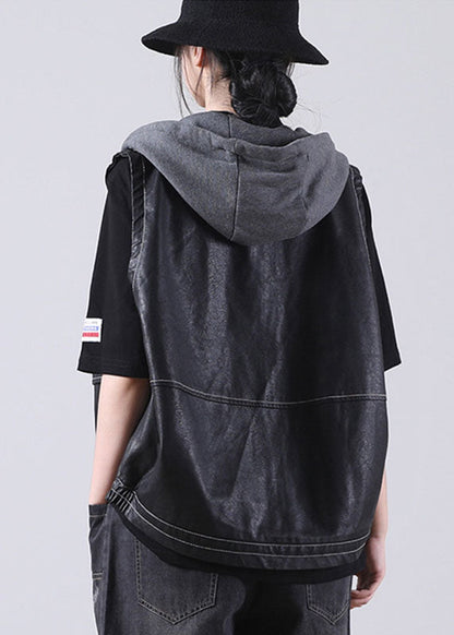 Boutique Schwarz Patchwork Kapuzen Reißverschluss Herbst Taschen Bluse Tops PU Weste