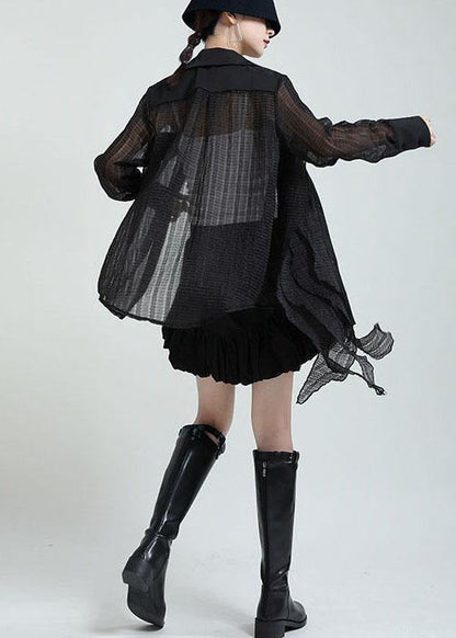 Boutique Black Peter Pan Collar Patchwork Asymmetrical Design Shirt Long Sleeve - SooLinen