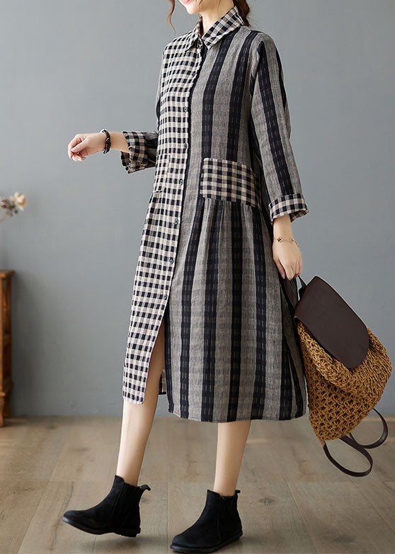 Boutique Schwarzes Festtagskleid mit Peter-Pan-Kragen und Karomuster, lange Ärmel