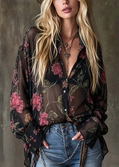 Boutique Black Peter Pan Collar Print Chiffon Shirts Long Sleeve