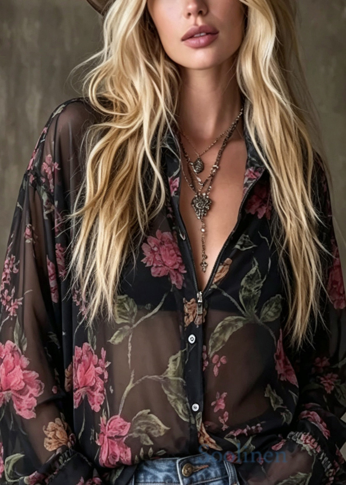Boutique Black Peter Pan Collar Print Chiffon Shirts Long Sleeve