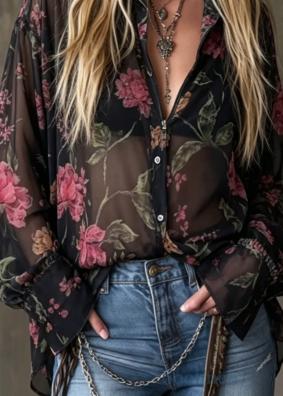 Boutique Black Peter Pan Collar Print Chiffon Shirts Long Sleeve