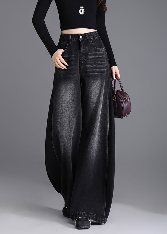 Boutique Black Pockets Denim Wide Leg Pants Spring