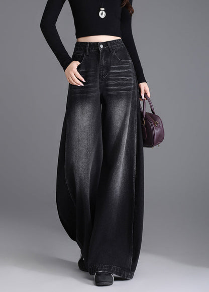Boutique Black Pockets Denim Wide Leg Pants Spring